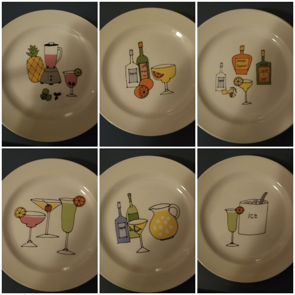 Six porcelain appitizer plates with different alcholic drinks on each plate.